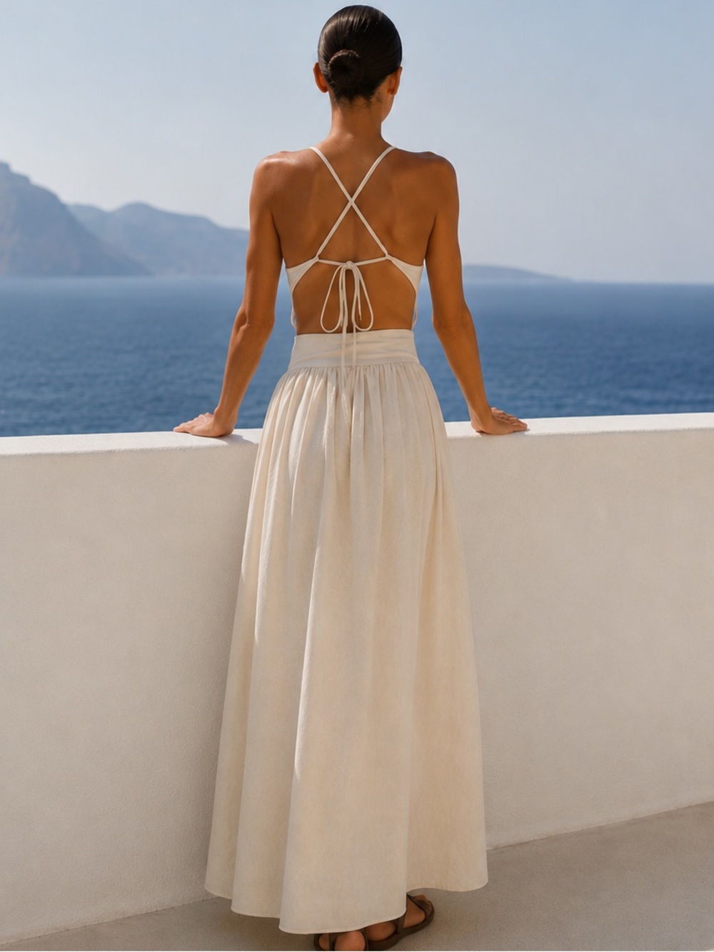 Fashion Nova Liv Linen Blend Maxi Dress NWT Beige Open Back Size M - Picture 3 of 7
